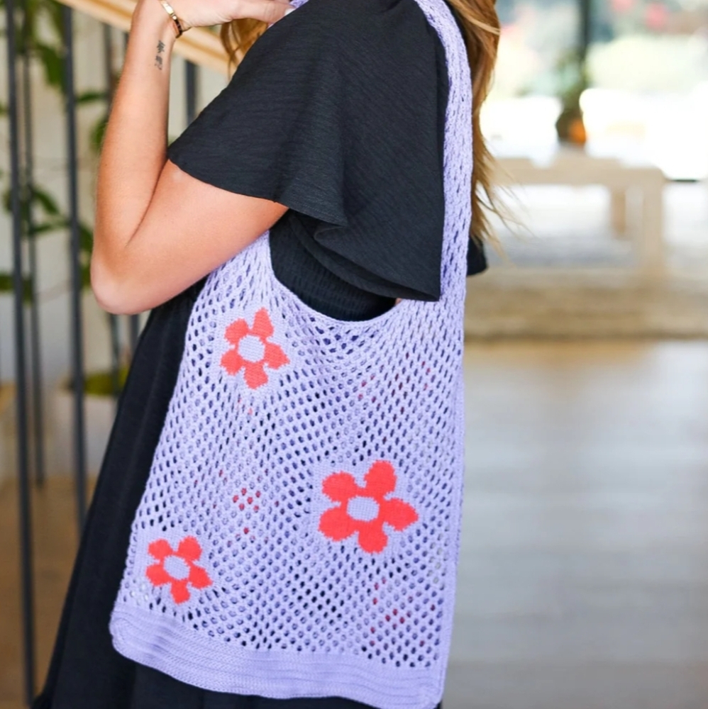 Purple Floral Mesh Tote Bag